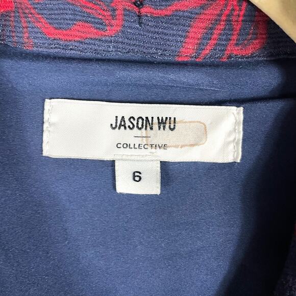 Jason Wu Print Midi Shirt Dress Blue Red Tie Neck Button Front Long Sleeve Sz 6‎ - Picture 8 of 15